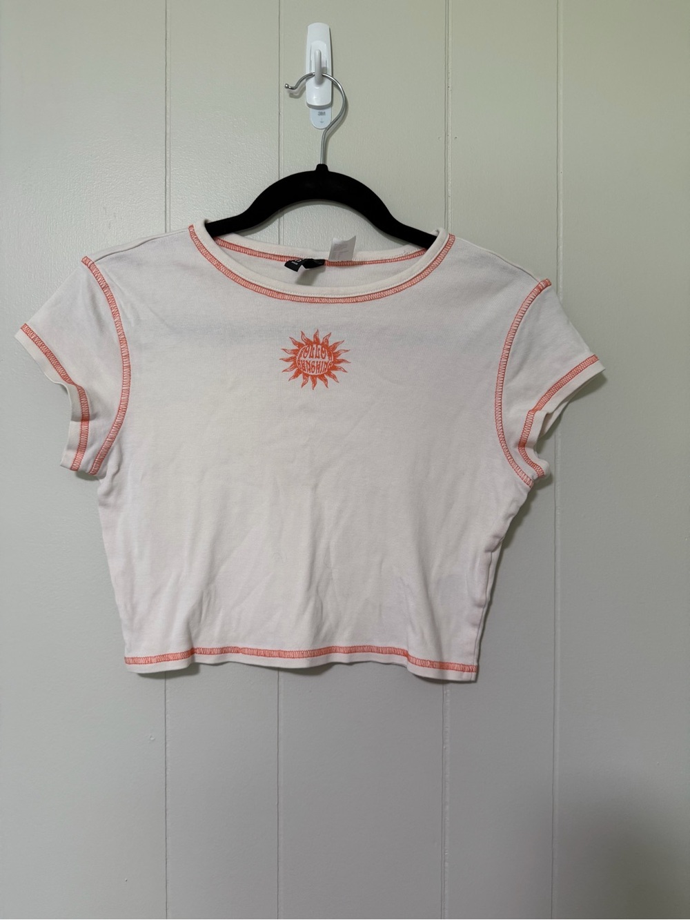 H&M White Crop Top with Coral Stitching & Sun Motif